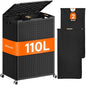 Lifewit 110L Plastic Double Laundry Basket with Lid, Collapsible 2 Section Clothes Hamper with Wheels and Removable Bags, Large Rolling 2 Compartment Bin for Laundry Room Bedroom Bathroom, Black