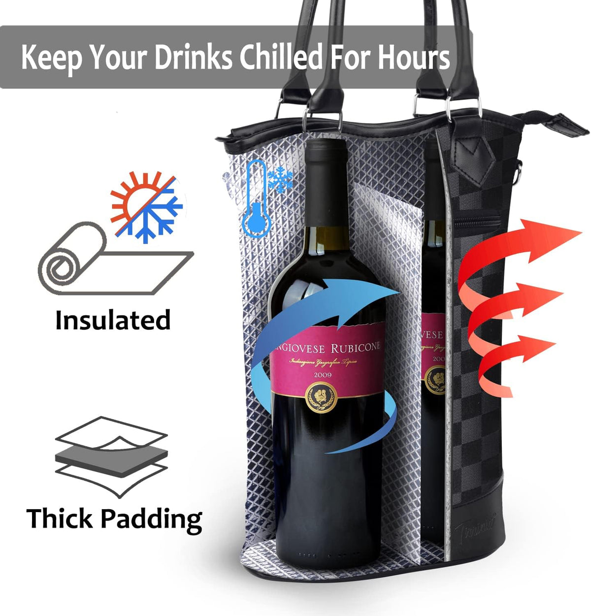 Tirrinia Insulated Wine Gift Carrier Tote - Travel Padded 2 Bottle Wine/Champagne Cooler Bag for Portable Wine Bottle Carrying Case, Women Men Wine Party Bag for Event,BYOB,Beach, Gift for Wine