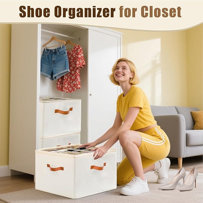 Shoe Organizer for Closet, Fits up to 16 Pairs Shoe Storage, Clear Foldable Shoe Containers Boxes Bins Baskets with Adjustable Dividers and Clear Cover White