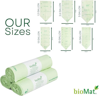 bioMat 13 Gallon Compostable Compost Liners, 50 Count, BPI ASTM D6400 and CMA Certified, Compostable Tall Kitchen Garbage Bags, Trash Bags for Food Waste