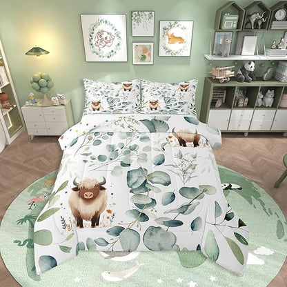 Erosebridal Boys Cartoon Animal Full Comforter Set for Kids Toddler Kawaii Cow Bedding Set Full, Highland Cattle Bull Bedding Comforter Sets Western Cowboy Duvet Set Green Eucalyptus Quilted Comforter