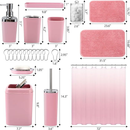 Bathroom Accessory Set–Bathroom Sets with Shower Curtain and Rugs, Non Slip Bathroom Rugs Super Absorbent, Pink Ombre Waterproof Shower Curtain with Hooks, Pink Bathroom Sets Complete for Home