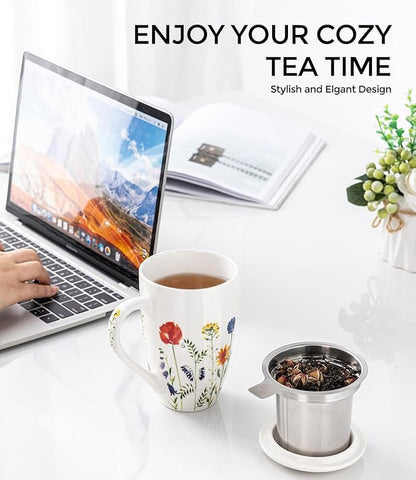 AmorArc Porcelain Tea Mug with Infuser and Lid, 18 Oz Tea Cup with Handle for Loose Leaf Tea, Gift for Tea Lovers of Men and Women