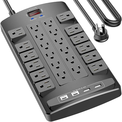Surge Protector Power Strip - QINLIANF 15Ft Flat Plug Heavy Duty Extension Cord with 24 Outlets and 4 USB Ports(1 USB-C Ports), 1875W/15A, 4100J, for Home, Office, Dorm, ETL Listed, Black