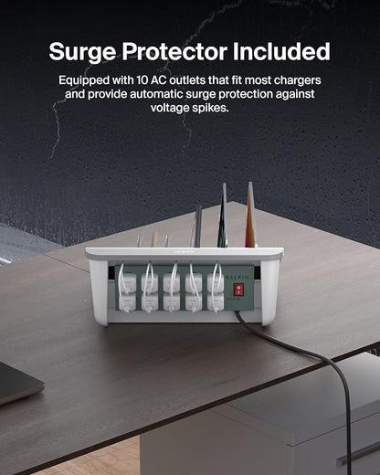 Belkin Charging Station For Laptops with Surge Protector - 10 Device USB Charging Dock for Tablets, Laptops, Chromebooks – Cable Management for Classrooms, Offices, Tech Labs, Shared Spaces, & More
