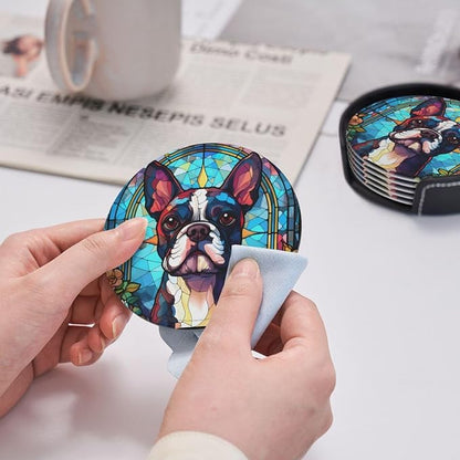 Boston Terrier Stained Dog Breed Glass Art Leather Drinks Coasters