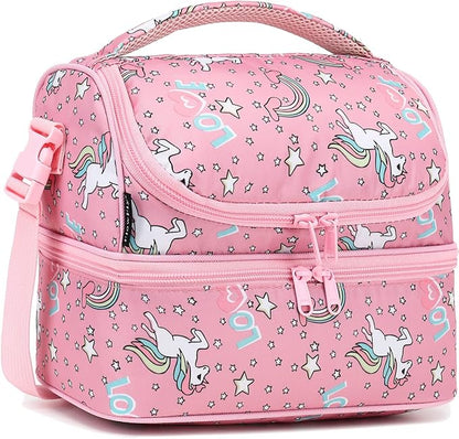 FlowFly Double Decker Cooler Insulated Lunch Bag Large Tote for Boys, Girls, Men, Women, With Adjustable Strap (Red-Unicorn)