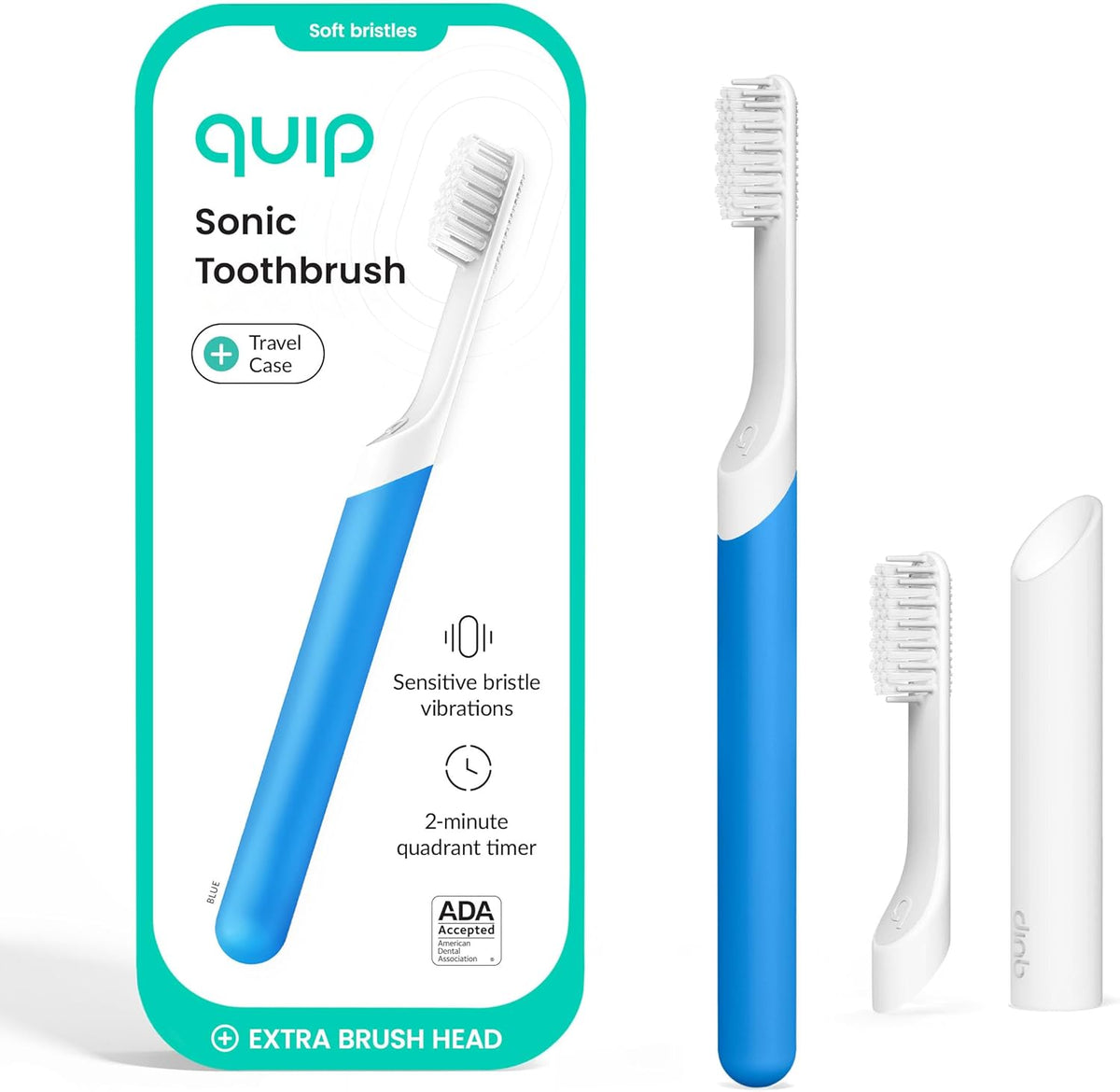 Quip Sonic Toothbrush for Adults with Timer - Includes Extra Brush Head and Travel Cover Mount - Electric, Soft Bristle Refill Head, Plastic Handle, 3 Month Battery Life - Travel Toothbrush - Blue