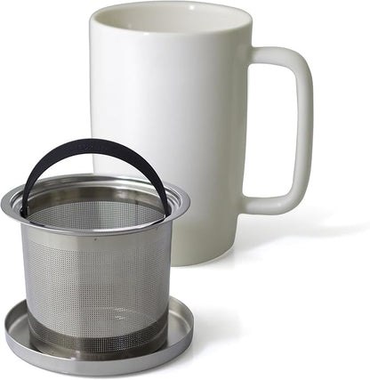 FORLIFE Dew Glossy Finish Brew-In-Mug with Basket Infuser & "Mirror" Stainless Lid 18 oz., White