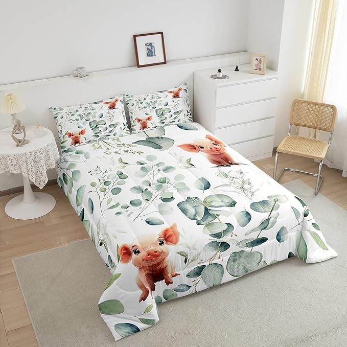 Erosebridal Kawaii Pig Queen Comforter Set for Boys Girls Cartoon Animal Bedding Set Queen, Eucalyptus Leaves Bedding Comforter Sets Farm Wildlife Duvet Set, Tropical Plants Quilted Comforter