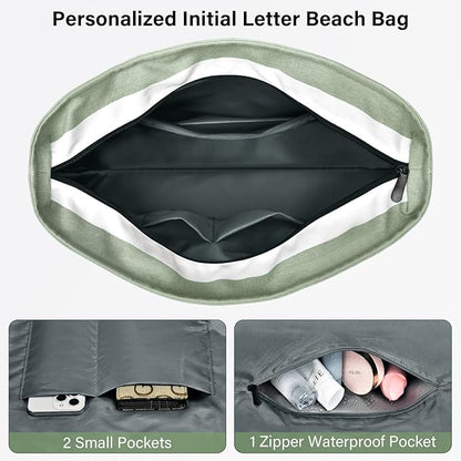 Becokan Beach Bag Initial Beach Tote with Makeup Bag for Travel Work Storage Personalized Birthday Gifts for Women Her