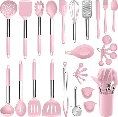 E-far Silicone Cooking Utensils Set, 30 Pcs Heat Resistant Kitchen Utensils with Stainless Steel Handle, Heat Resistant Kitchen Spatulas Turner Tong Spoon Whisk Ladle for Nonstick Cookware, Pink