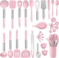 E-far Silicone Cooking Utensils Set, 30 Pcs Heat Resistant Kitchen Utensils with Stainless Steel Handle, Heat Resistant Kitchen Spatulas Turner Tong Spoon Whisk Ladle for Nonstick Cookware, Pink