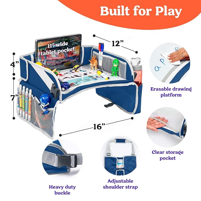 PILLANI Kids Travel Tray for Car - Car Seat Tray for Kids Travel, Road Trip Essentials Must Haves - Carseat Table Roadtrip Activities - Toddler Lap Desk Organizer for Airplane - Kids Travel Essentials