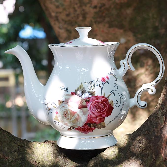 Jomop European Style Ceramic Flower Teapot Coffee Pot Water Pot Porcelain Gift Large 5.5 Cups (1, Rose)