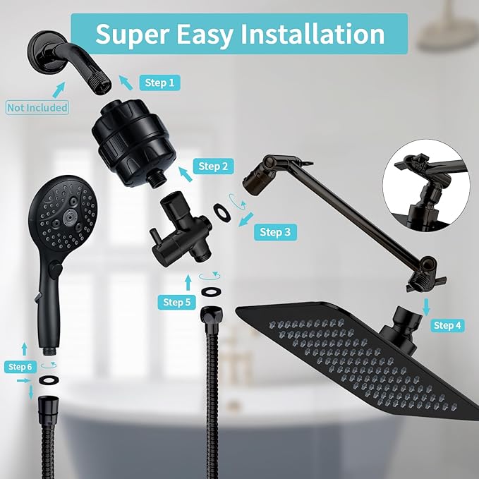 10'' Dual 20 Stage Filtered Shower Head with Handheld, 6 Spray Settings Handheld Shower Head High Pressure Rainfall Filter Combo with 12'' Adjustable Extension Arm, 71'' Shower Hose (Matte Black)