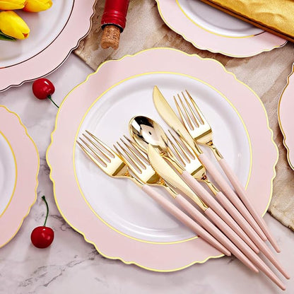 WDF 30Guest Pink Plates Disposable - Hign-end Baroque Design - Gold Plastic Silverware with Handle-Baroque Pink &Gold Plastic Dinnerware for Valentine's Day/Wedding