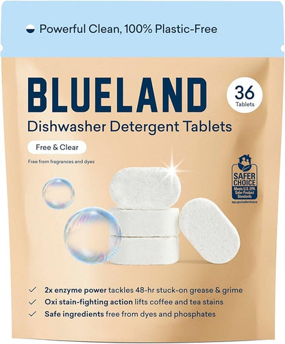BLUELAND 100% Plastic-Free Dishwasher Detergent Tablets, 36 Count, Free & Clear, Eco-Friendly Dishwashing Pods, Natural, USDA Certified biobased