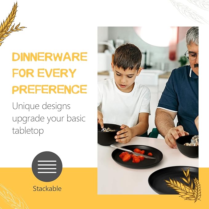 Teivio 32-Piece Kitchen Plastic Wheat Straw Dinnerware Set, Service for 8, Dinner Plates, Dessert Plate, Cereal Bowls, Cups, Unbreakable Colorful Plastic Outdoor Camping Dishes, Deep Black