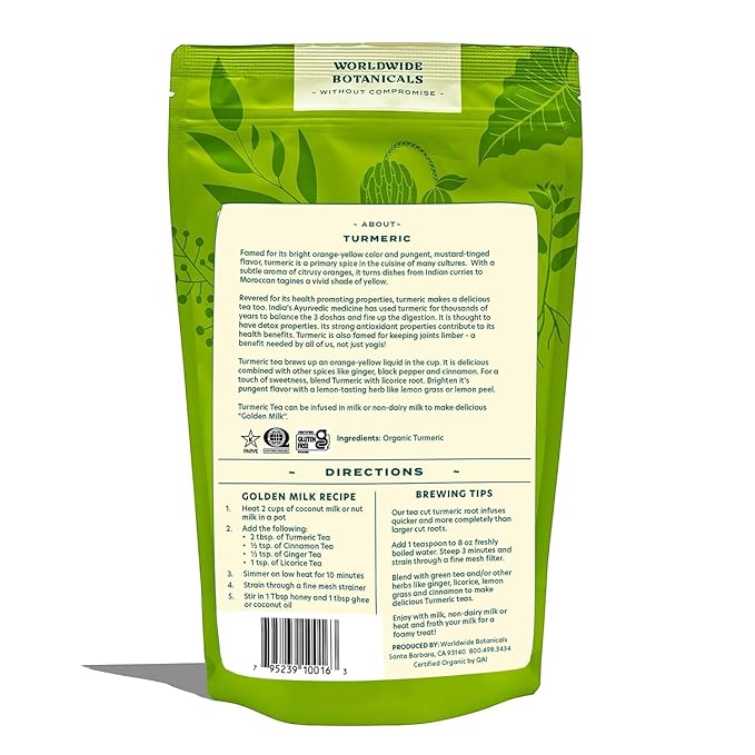 Worldwide Botanicals Organic Turmeric Tea, 1 lb, Tea Cut For Best Infusion - 100% Curcuma longa – Ayurvedic Herb For Optimal Health - 16 ounces