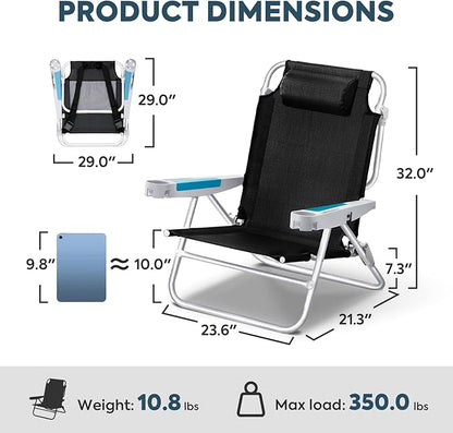 ICECO Backpacking Beach Chairs for Adults, 5 Positions Reclining Chair, Heavy Duty Folding Chairs, Portable Lay Flat Outdoor Chair with Cup Holder for Beach, Camping, Lawn, 350lb Capacity