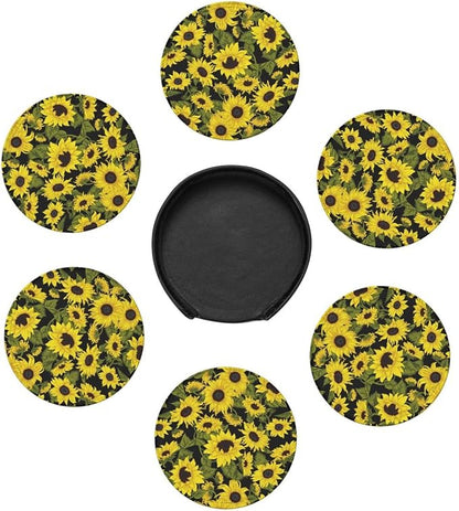 Drink Coasters with Holder Stand Set of 6, Sunflower Pu Leather Absorbent