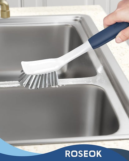 Dish Brush with Built-in Scraper,Kitchen Scrub Brush for Cleaning Dishes,Pots,Non-Stick Pans and Sinks,Navy Blue,2 Pack