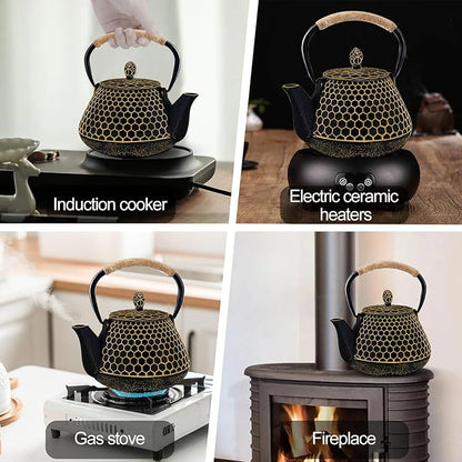 Cast Iron Tea Pot - Honeycomb Pattern Tea Kettle with Tea Leaf Infuser,Stovetop Tea Kettle Coated with Enameled Interior,Suitable for Brewing Loose Leaf Tea (Gold)
