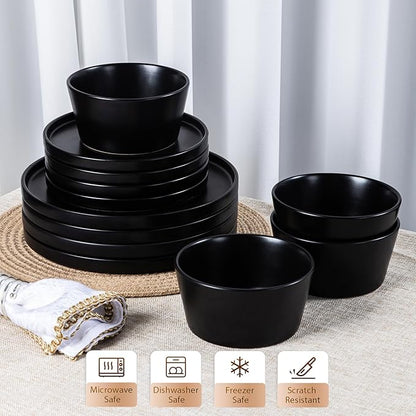 Plates and Bowls Sets for 4 - CJDC-QUELO 16 Piece Stoneware Dinnerware Sets with Mugs, Ceramic Dishware Sets for Kitchen Dining Use, Chip and Scratch Resistant Microwave Dishwasher Safe, Black