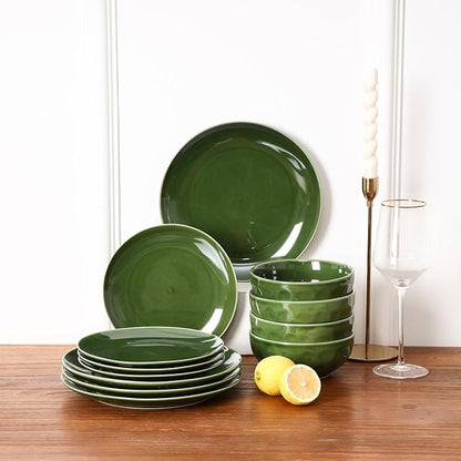 Vicrays Ceramic 12 Pieces Dinnerware Set - Dinner Plates Cereal Bowls Salad Plates Set Service for 4 - Scratch Resistant Dishwasher Safe Microwave Oven - Green