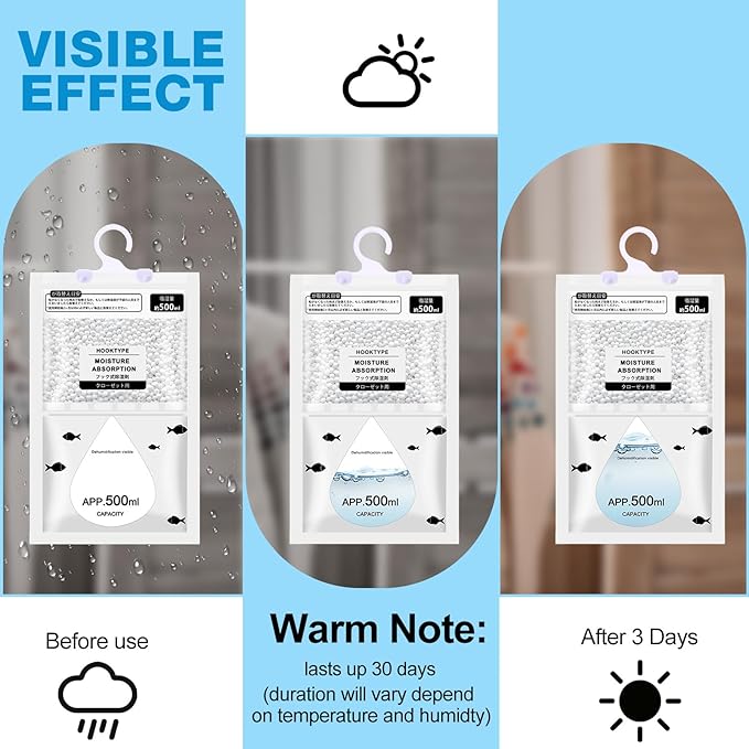 Nuanchu 30 Pack 500 ml Moisture Absorber Hanging Closet Dehumidifier Bags Unscented Hanging Humidity Absorber Desiccant Moisture Absorb in Wardrobes Bedrooms Bathrooms Kitchen