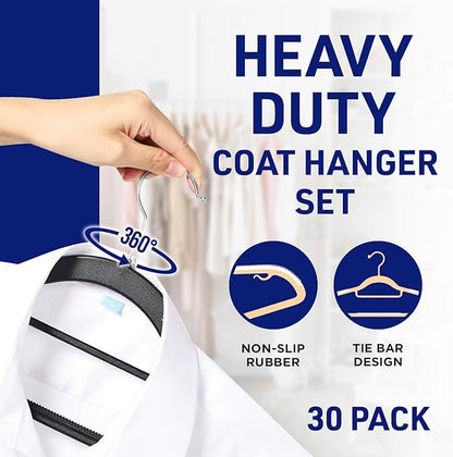 LifeMaster 30 Pcs. Dry Wet Clothes Hangers - Heavy Duty Coat Hanger Set with 360° Swivel Hook (Black) Non-Slip Rubber, Space-Saving, Frustration-Free Hanging, Accessory Tie Bar, Smart Strap Hooks