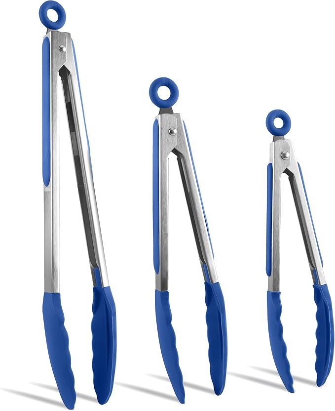 COOK WITH COLOR Stainless Steel Silicone Tipped Kitchen & BBQ Tongs Set, 3 Pc. Tongs, Blue