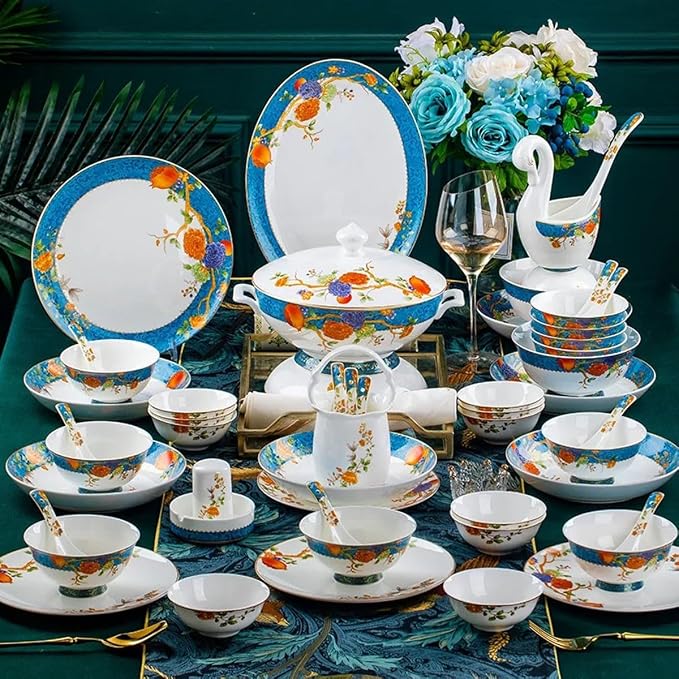 60 Pieces of 10-12 People Bone China Bowl and Plate Dinnerware Set Pomegranate