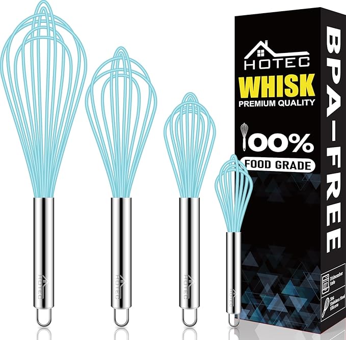 HOTEC 4 Pieces Silicone Whisks Set, Wire Balloon Whisks Egg Beater, Non-slip Handle Whisk for Non-stick Cookware Perfect for Cooking, Stirring, Beating and Blending (Blue)