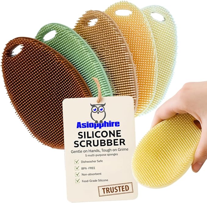 Silicone Sponge Dish Scrubber - Food Grade and Housecleaning - BPA Free Silicone Kitchen Scrubber [5 Pack Ovals Fall]
