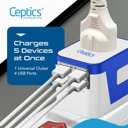 Ceptics Universal Travel Adapter Plug World Power W/ 4 USB Ports - Charge Cell Phones, Smart Watches, iPhones - For International Europe, China, UK, UAE, Australia - Type A, C, G, I