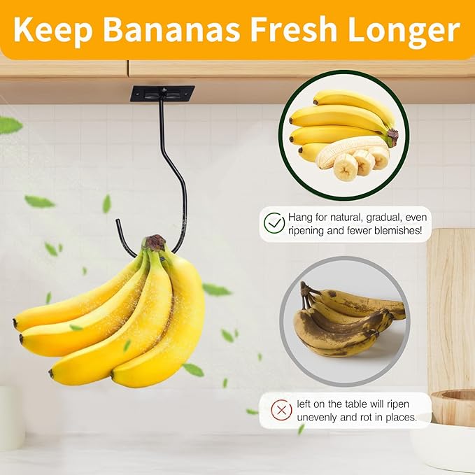 Self-Adhesive Banana Hooks, Foldable Magnetic Hanger Under Cabinet, Sturdy Metal Banana Holder for Kitchen, Space-Saving Design to Keep Bananas Fresh 2 Pieces Black