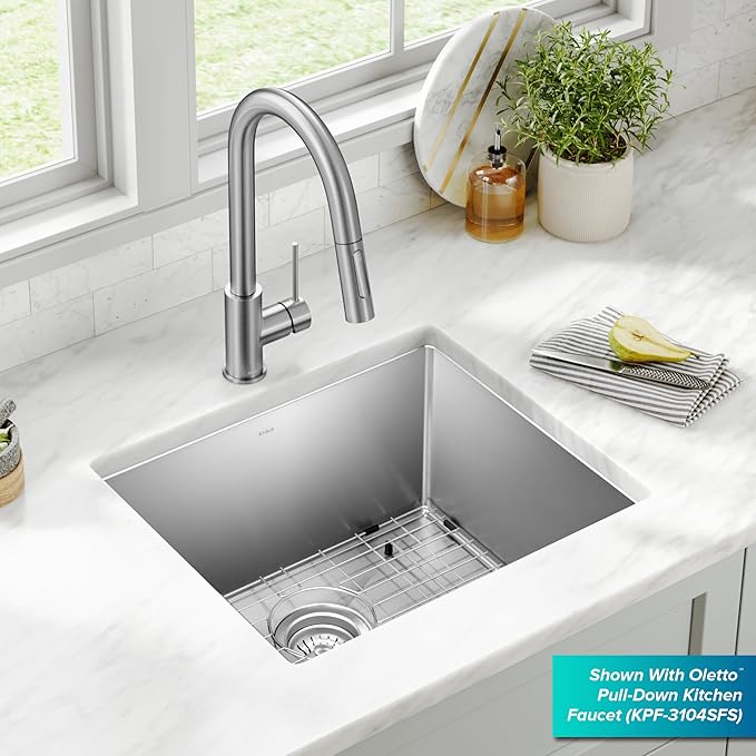 Kraus KHU101-21 Standart PRO 16 Gauge Undermount Single Bowl Set (4 Item Bundle: Sink, Bottom Grid, Drain Assembly, Kitchen Towel), 21 Inch, Stainless Steel