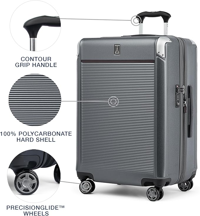 Travelpro Platinum Elite Hardside Expandable Checked Luggage, 8 Wheel Spinner, TSA Lock, Hard Shell Polycarbonate Suitcase, Vintage Grey, Checked Medium 25-Inch