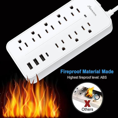 10FT Surge Protector Extension Cord with USB C, Flat Plug Power Strip - 8 Outlets & 3 USB Ports (A x 2, C x 1), Wall Mount Desk Power Strip - White, ETL Listed