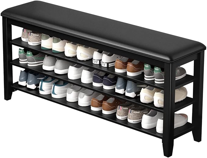 Shoe Bench Storage Rubberwood with Leather Cushion for Entryway Bench Ideal for Hallways Shoe Rack Front Doors Entrances Mudrooms Featuring 3 Height-Adjustable and Removable Shelves