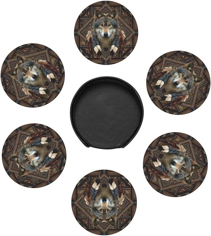 6 Pack Native American Wolf Feathers Leather Coasters