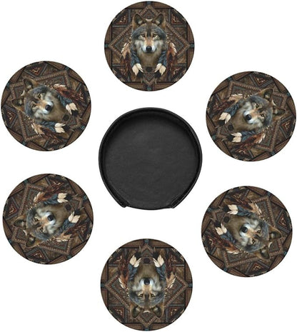 6 Pack Native American Wolf Feathers Leather Coasters