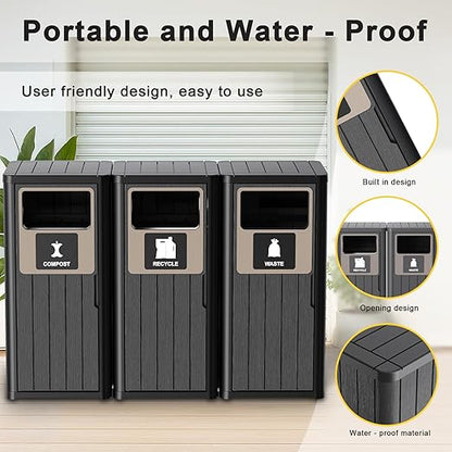 Outdoor Three Barrel Trash Can,Waterproof Resin Garbage Can with Garbage Labels,Durable Waste Bin for Porch, Backyard,Kitchen,for 30 to 39 Gallon Trash Bags