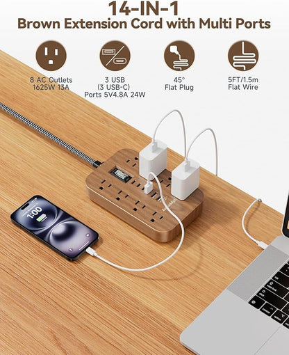 Walnut Power Strip with USB Ports - 10 FT Wood Power Strip, 1625W Decorative Extension Cord with 6 AC Outlet 3 USB, for Brown Tan Wood Walnut Grain Aesthetic Vintage Rustic Desk Accessories Decor