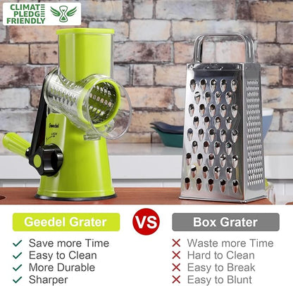 Geedel Rotary Cheese Grater, Kitchen Mandoline Vegetable Slicer with 3 Interchangeable Blades, Easy to Clean Rotary Grater Slicer for Fruit, Vegetables, Nuts