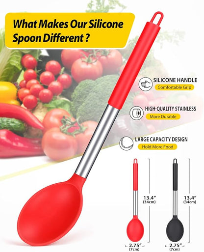 Pack of 2 Large Silicone Cooking Spoon Non Stick Solid Basting Spoons Heat-Resistant Kitchen Utensils for Mixing Serving (Black-Red)