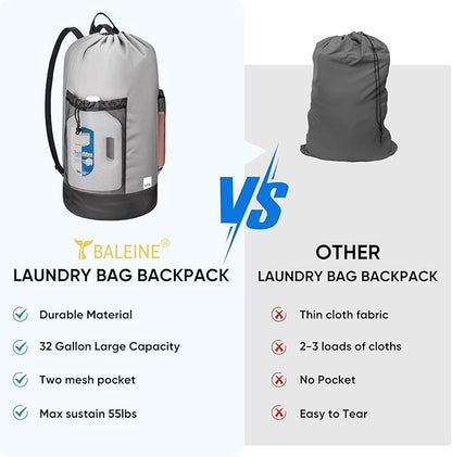 BALEINE 150L Laundry Bag Backpack, 900D Oxford Fabric Large Travel Laundry Bags with Shoulder Straps and 2 Mesh Pockets for College Dorm, Apartment, Laundromat (Grey, 150L)