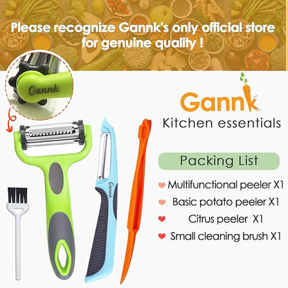 GANNK Potato Apple Vegetable Peelers for Kitchen, I and Y Peelers for Fruit Veggie Potatoes Carrot Cucumber, 3 in 1 Blade Spin Design With Julienne Function